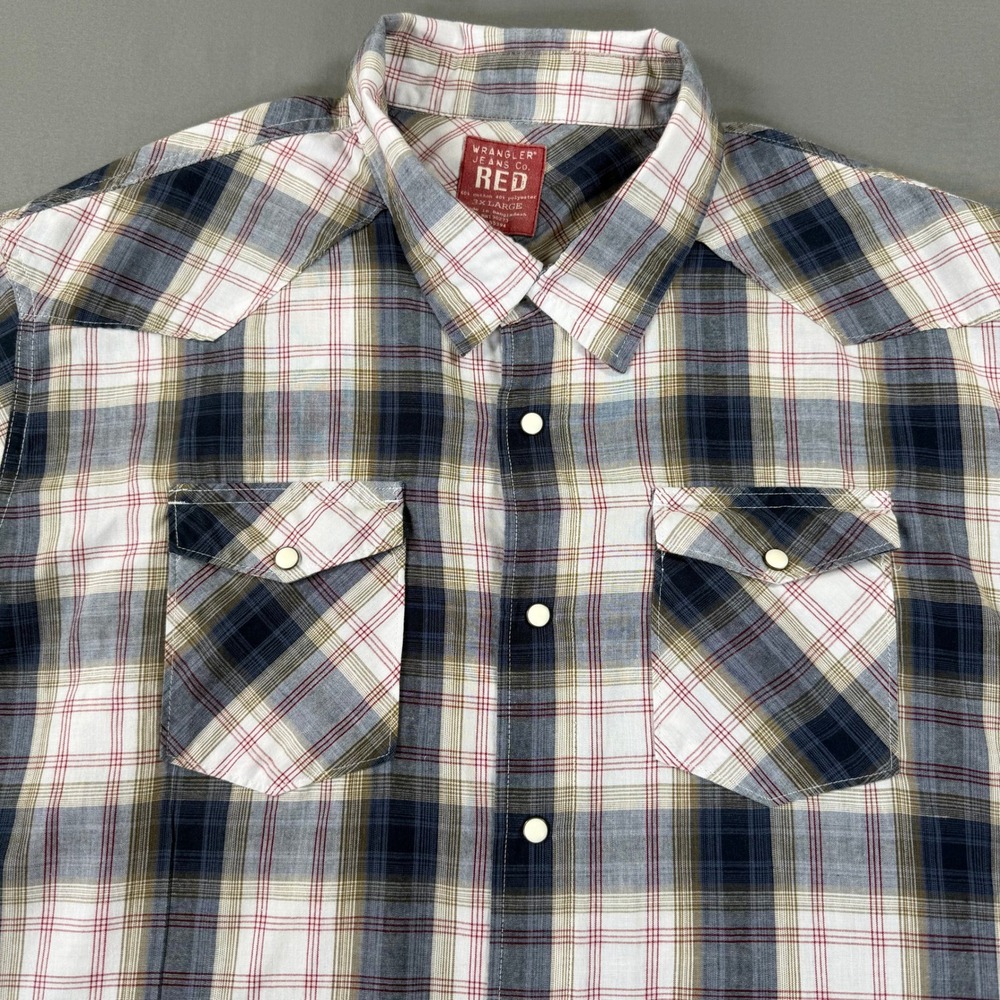 Wrangler RED Western Shirt Mens 3XL Plaid Pearl Snap Long Sleeve Cowboy Rodeo - Picture 3 of 9